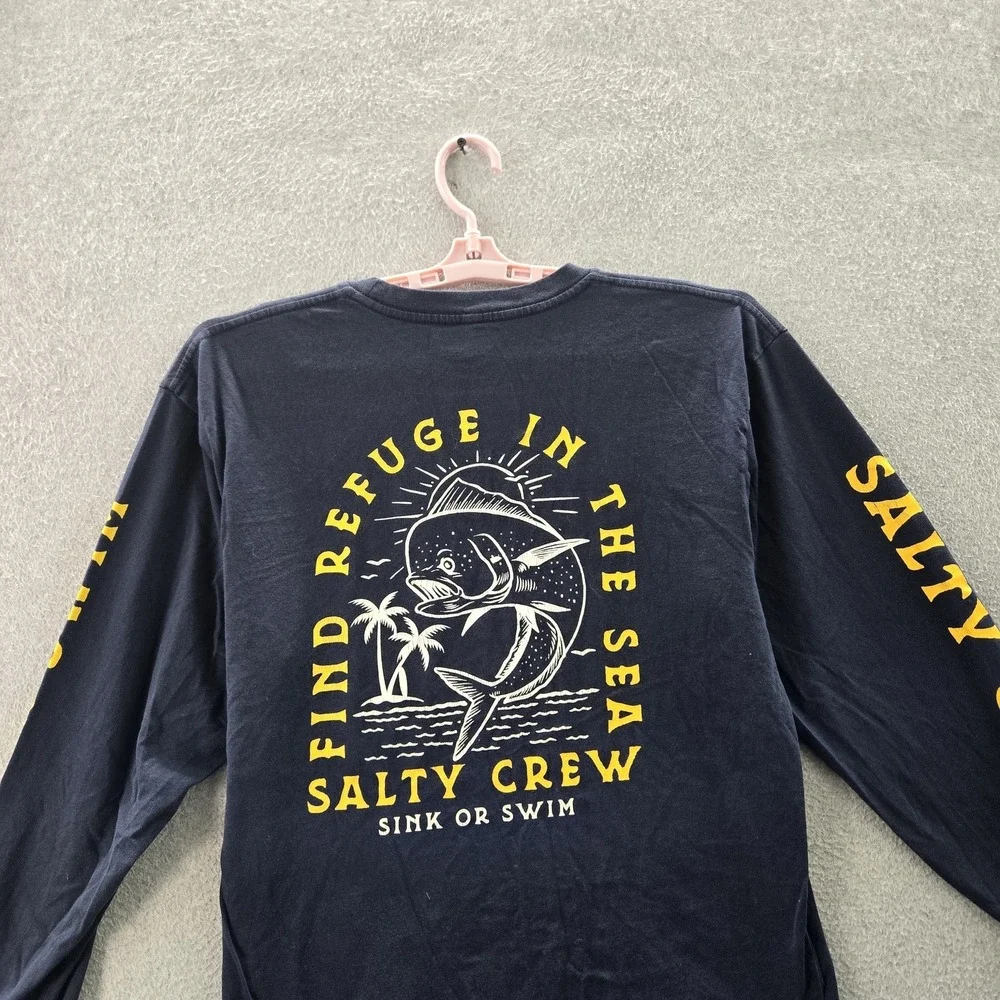 Salty Crew Men Shirt LARGE Blue Graphic Print Fish Palm Trees Activewear Logo‎